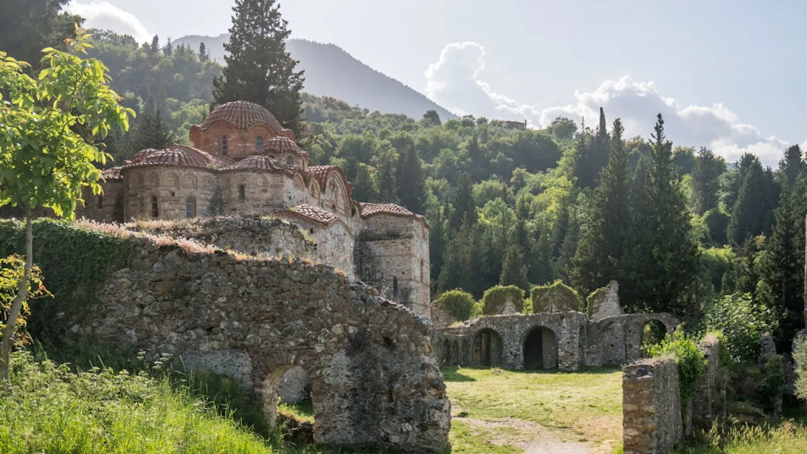 Ancient stone ruins nestled in a lush green forest.